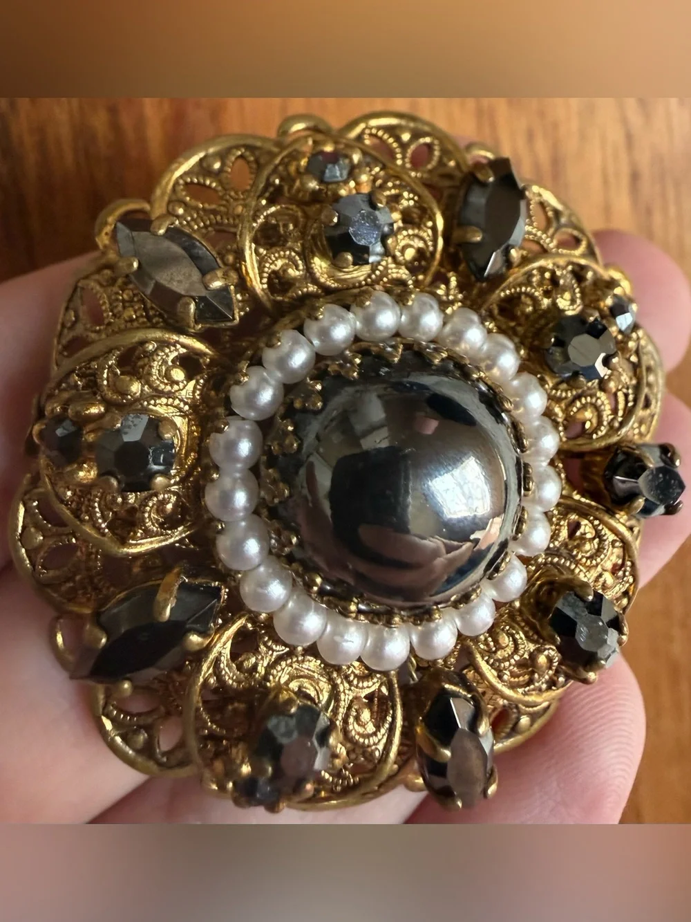 Vintage Germany Gold Tone Filigree Brooch Black Hematite Stone Pearl Rhinestone